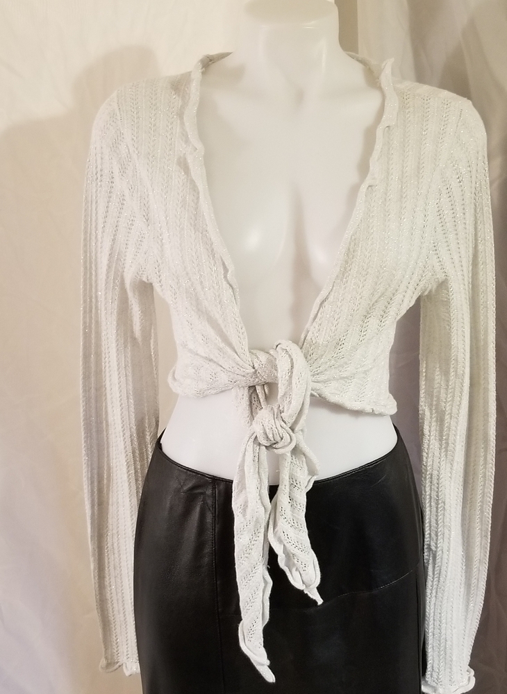 White Sparkle Midriff Tie Sweater Large Womens